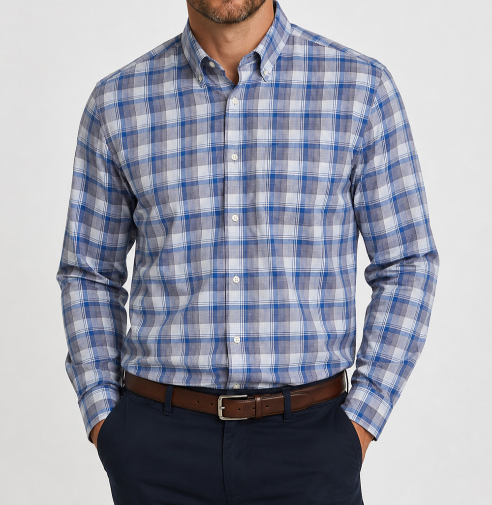 Tom James Executive Custom Shirt Mens 62 Chest 32 Length Blue Plaid Long Sleeve